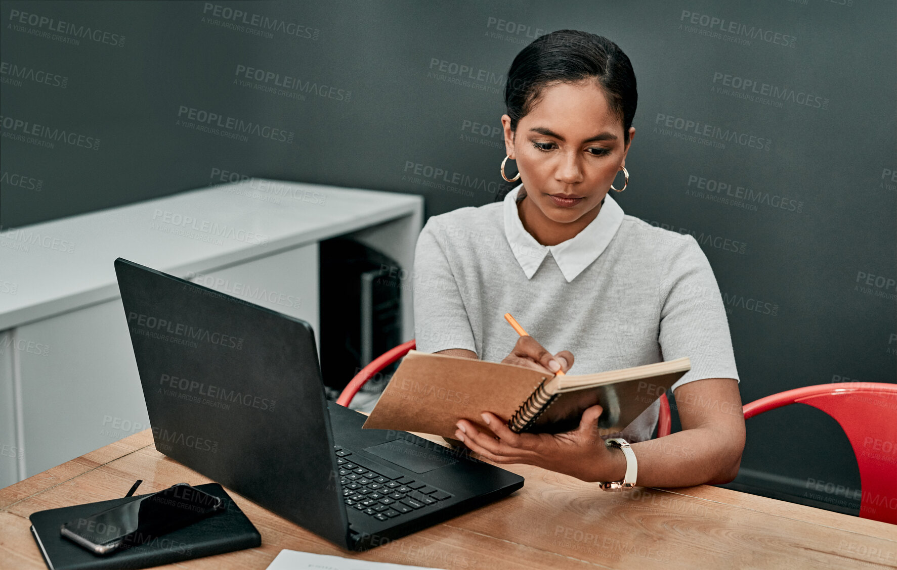 Buy stock photo Office, laptop or business woman for writing on notebook, to do list or online information for publication. Creative agency, journalist or checklist with journal for political story, article or notes