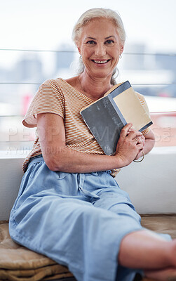 Buy stock photo Portrait, senior woman and book on balcony for retirement, relax and peace in apartment. mature female person, novel or happy for morning in home for calm, and smile with story and fantasy on weekend