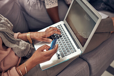 Buy stock photo Woman, credit card and laptop on couch for ecommerce, online shopping and buying from store website in home. Family, above computer and finance payment for banking, internet and financial freedom