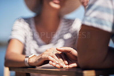 Buy stock photo People, holding hands and travel with happy conversation at harbor, vacation or date by waterfront in summer. Couple, talk and listening with care, romantic bonding or love by sea for outdoor holiday