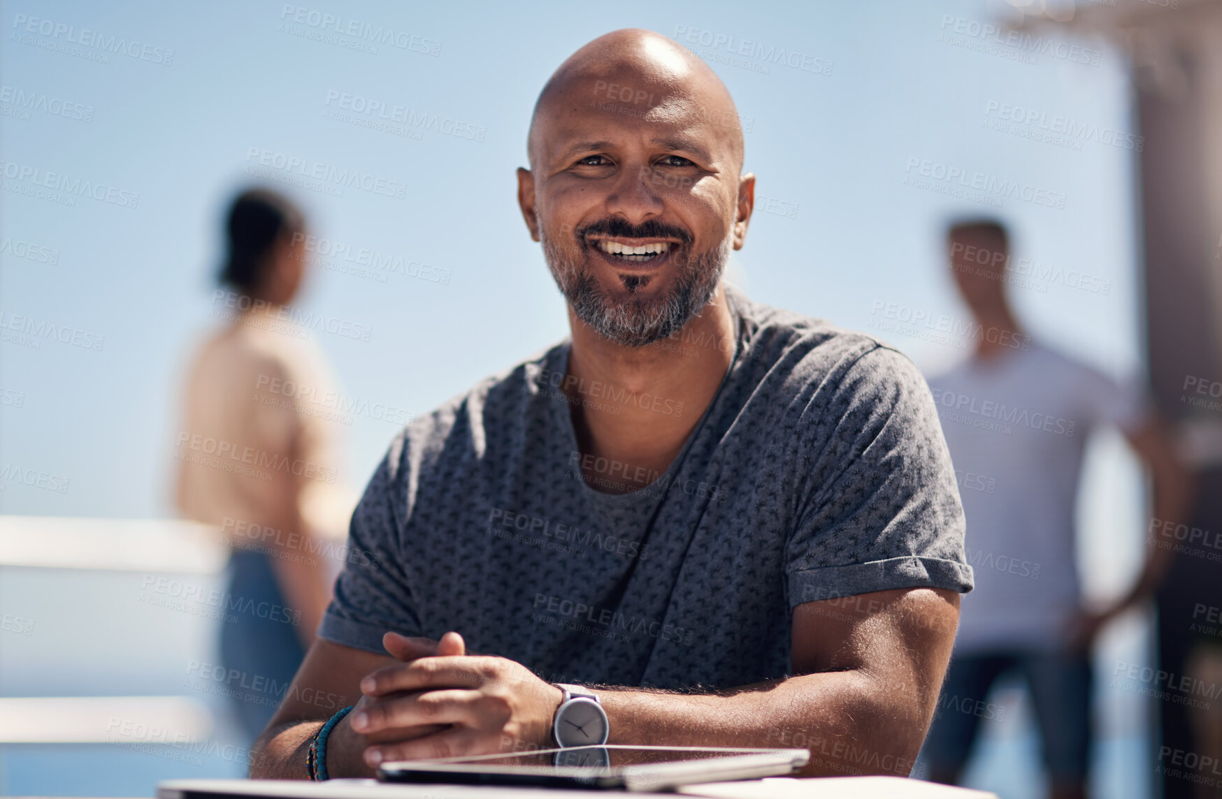 Buy stock photo Portrait, mature man and tablet by beach in France for travel, business and break on weekend. Male person, happy and smile at promenade with technology in relax, calm and peace at cafe for connection