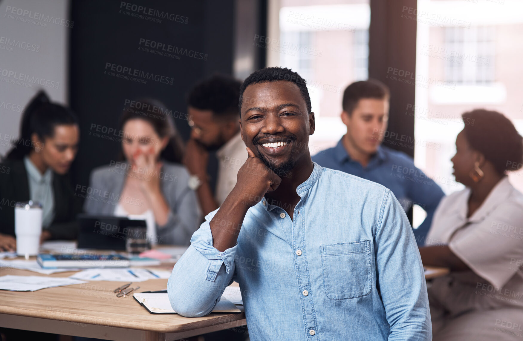 Buy stock photo Office, meeting and portrait of black man with smile for development, coaching and seminar at work. HR, diversity and business people in conference for ethics training, policy and company compliance