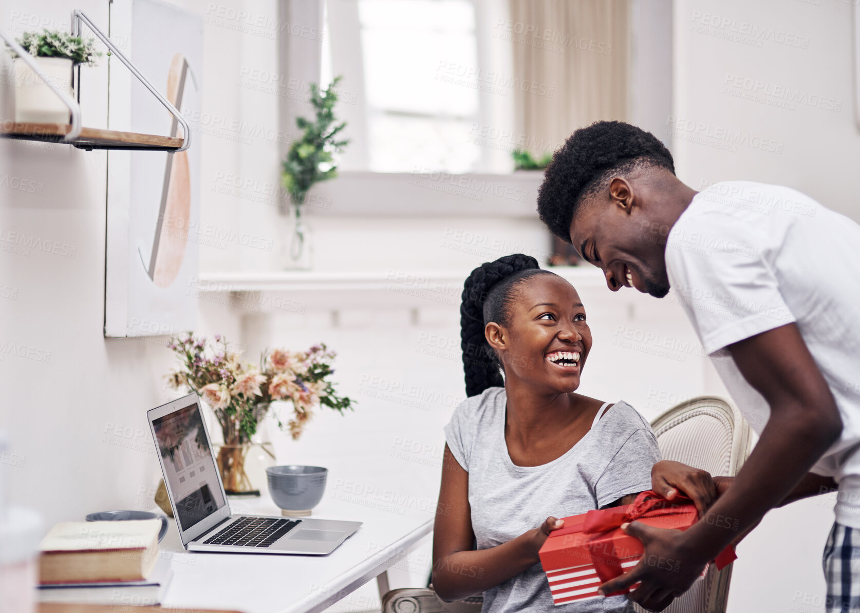 Buy stock photo Smile, black couple and gift for love in home on valentines day for appreciation, gratitude and celebrating romance. Man, woman and together in house with present for romantic gesture or relationship
