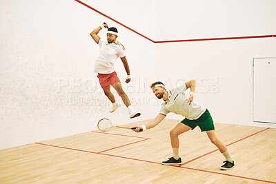 Buy stock photo Man, friends and jump with squash racket for game, sports or intense match together in court. Young male person or athletic players in fitness, competition or training for smash, point or score