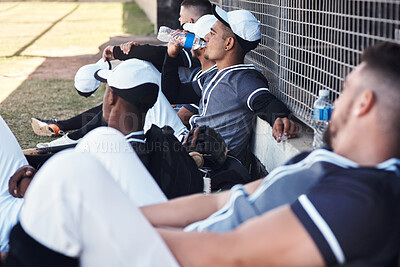 Buy stock photo Baseball, exercise and field with team for water and rest, break and fatigue in shade from summer heat. Dugout, sports and training for competition with male people, thirsty and together for softball