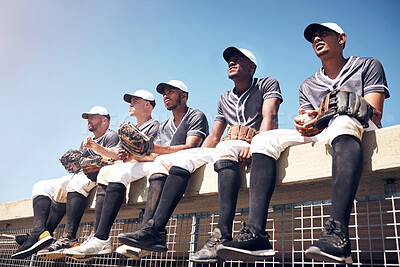 Buy stock photo Baseball, team and roof for game and watch, dugout and support on field for competition. Match, diversity and rest for community for male people, uniform and athlete for softball club tournament 