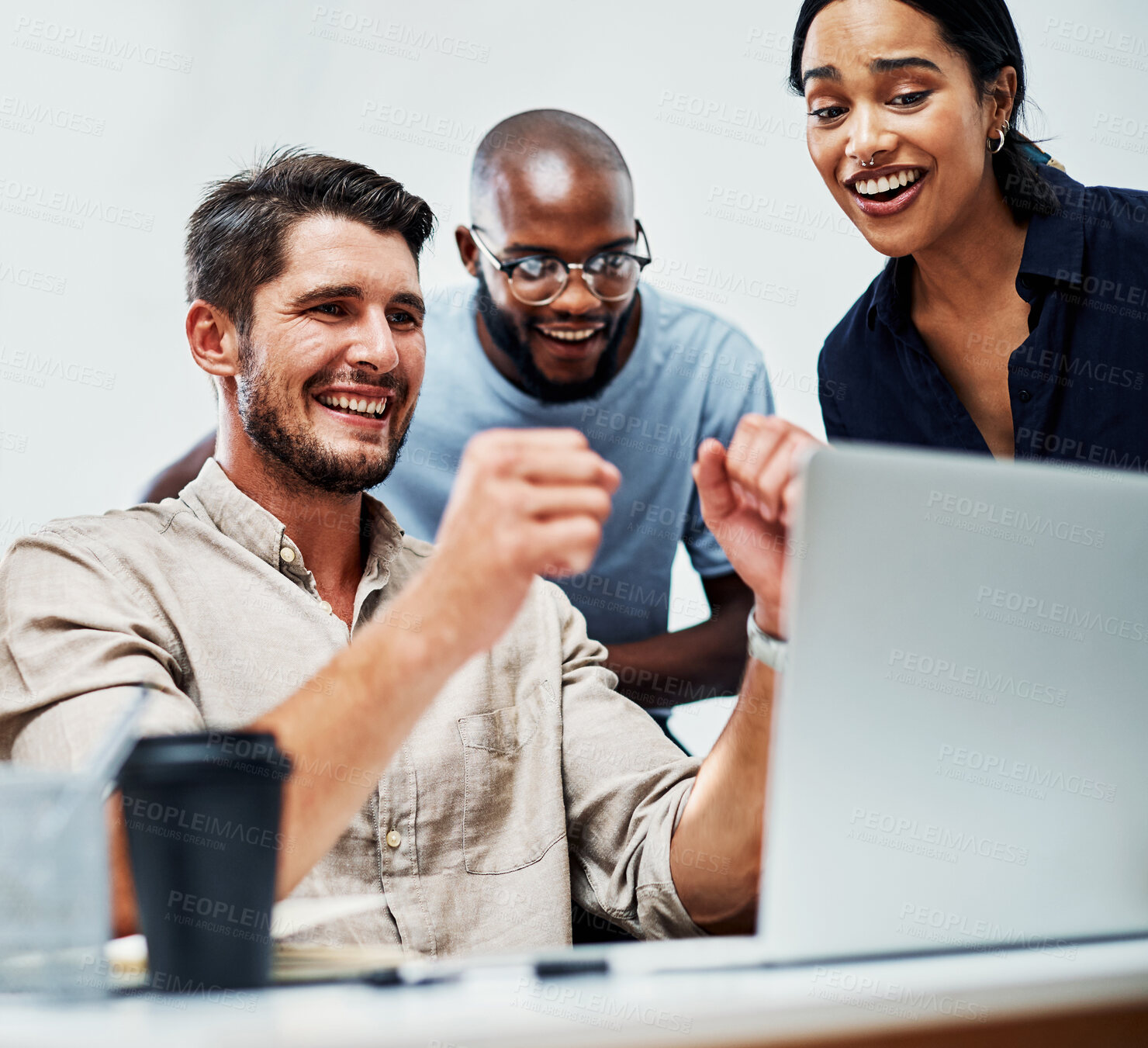 Buy stock photo Business people, laptop or fist for success, achievement or celebration in project management company. Smile, diversity or winner with technology for teamwork goals, progress or office collaboration