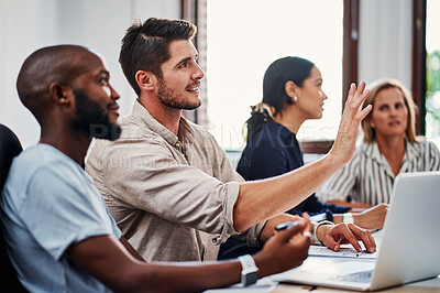 Buy stock photo Discussion, meeting and business people at laptop with ideas for project development, growth or planning. Office, workshop and team in conference room with collaboration, support and online review.