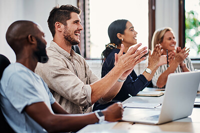 Buy stock photo Office, meeting and business people at seminar with applause for project development, promotion or achievement. Success, workshop and team in conference room with cheers, support and congratulations.