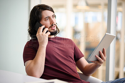 Buy stock photo Business, man and phone call with tablet at desk for communication, b2b networking and discussion. Digital designer, person and talking in office for content review and social marketing campaign deal