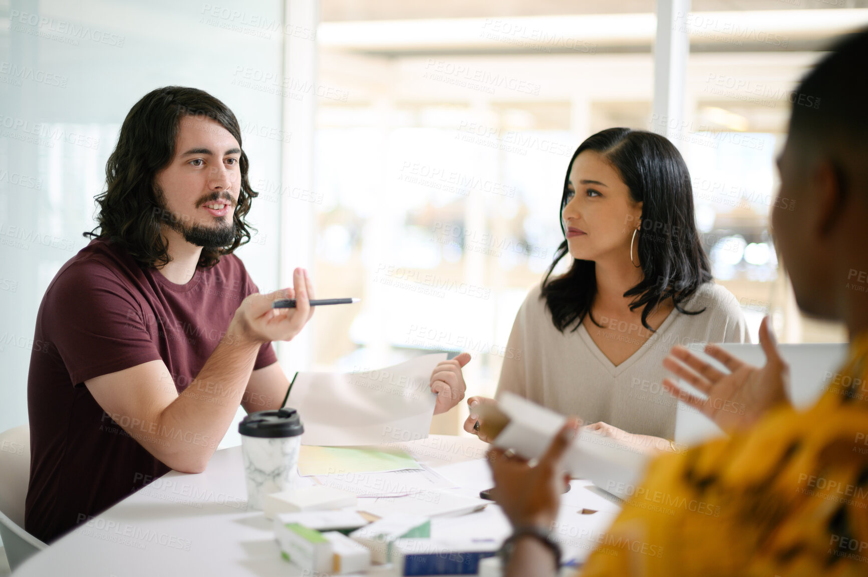 Buy stock photo Creative people, meeting and palette with discussion for design, project or brainstorming ideas at office. Group of business employees planning with color swatches for collaboration at workplace