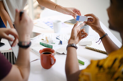 Buy stock photo Business people, hands and box with design for pharmaceutical packaging, logistics or planning at office. Closeup of employees discussing drug, product or container for brand development at workplace