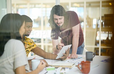 Buy stock photo Group, reading and tablet for research, planning and collaboration for web design, smile and office. Talking, men and woman with diversity, communication and people with teamwork, online and business