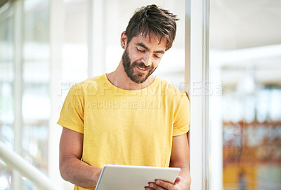 Buy stock photo Business man, tablet and creative in office for communication, networking and research with smile. Game designer, tech and happy in workplace for interface with ui or ux, development and media