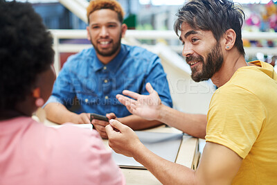 Buy stock photo Startup, office and business people in meeting for planning, teamwork and project ideas. Creative agency, company and happy men and women in discussion for feedback, conversation and collaboration