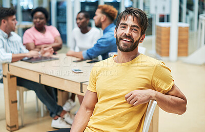 Buy stock photo Portrait, manager and happy business man at startup for career, coworking and laughing for opportunity. Creative leader, face and confident entrepreneur, employee and copywriter with team at meeting