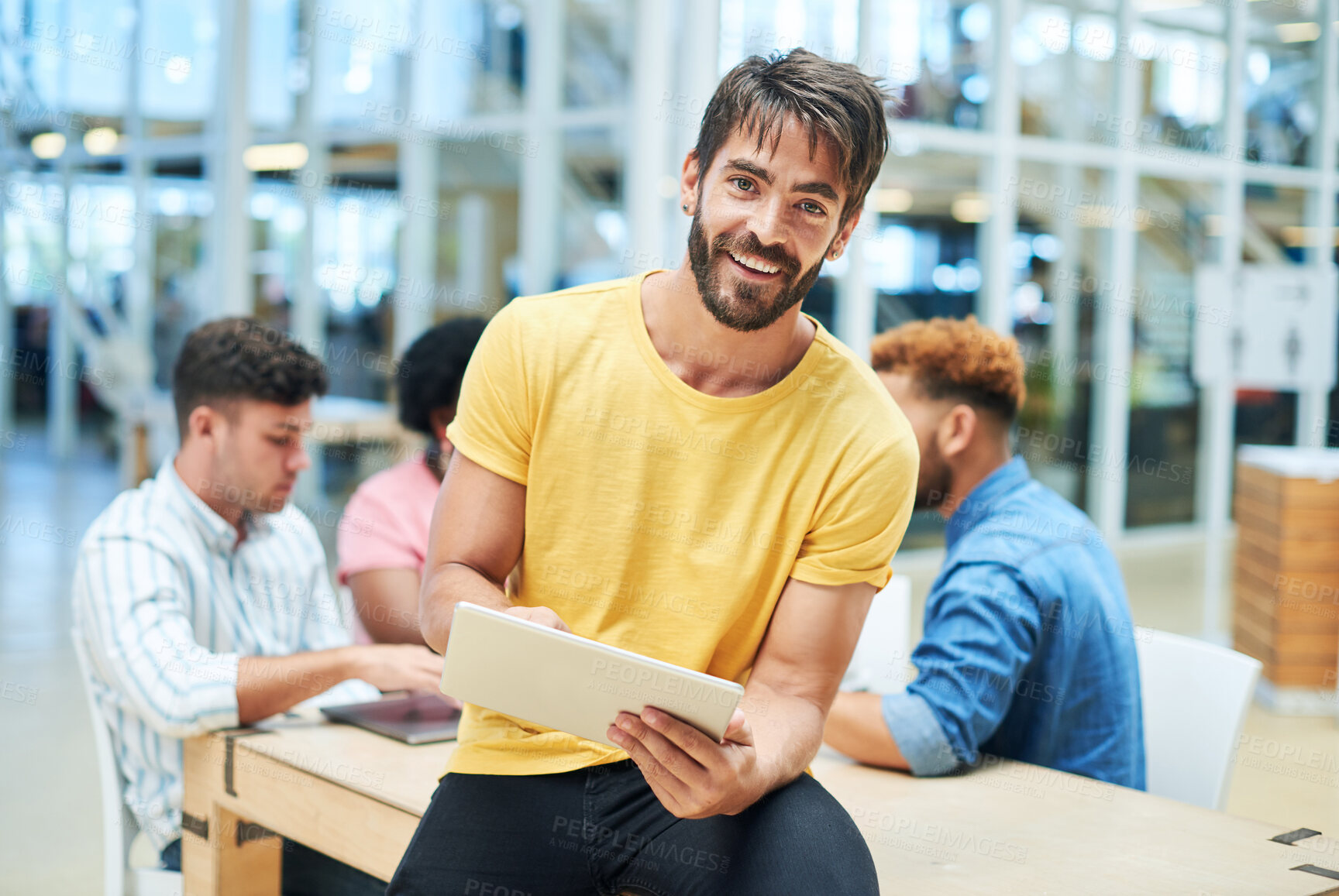 Buy stock photo Portrait, tablet and happy business man at startup for career, coworking and research online. Project manager, tech and entrepreneur on app for information with creative team at internship meeting