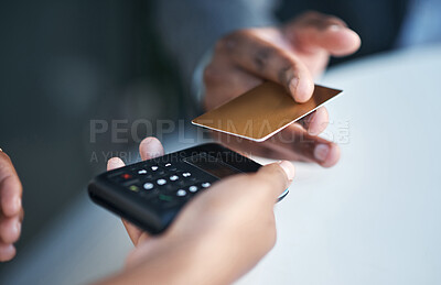 Buy stock photo Business people, hands and credit card with pos machine for transaction, payment or purchase. Closeup of customer and cashier with debit or fintech for tap to pay, electronic banking or ecommerce