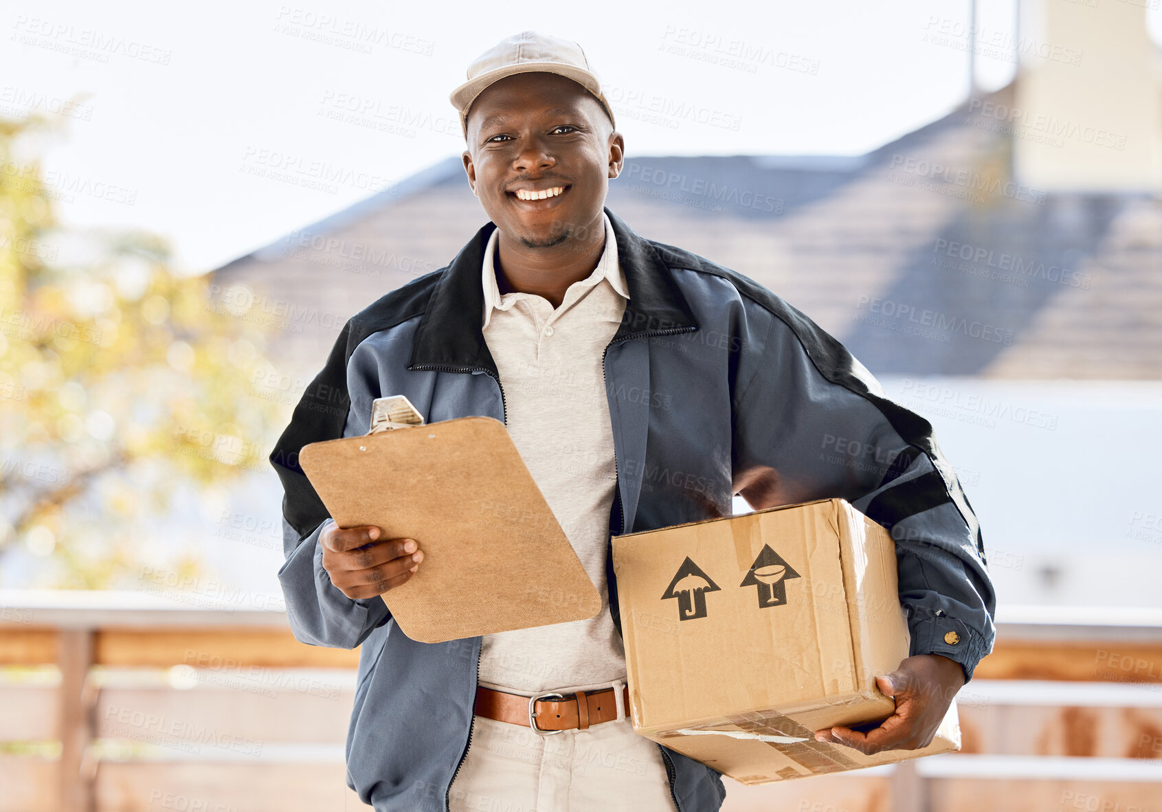 Buy stock photo Black man, portrait smile and box with clipboard for delivery, package or cargo shipping in logistics. Happy African male person or courier smiling with parcel, form or application for item checklist