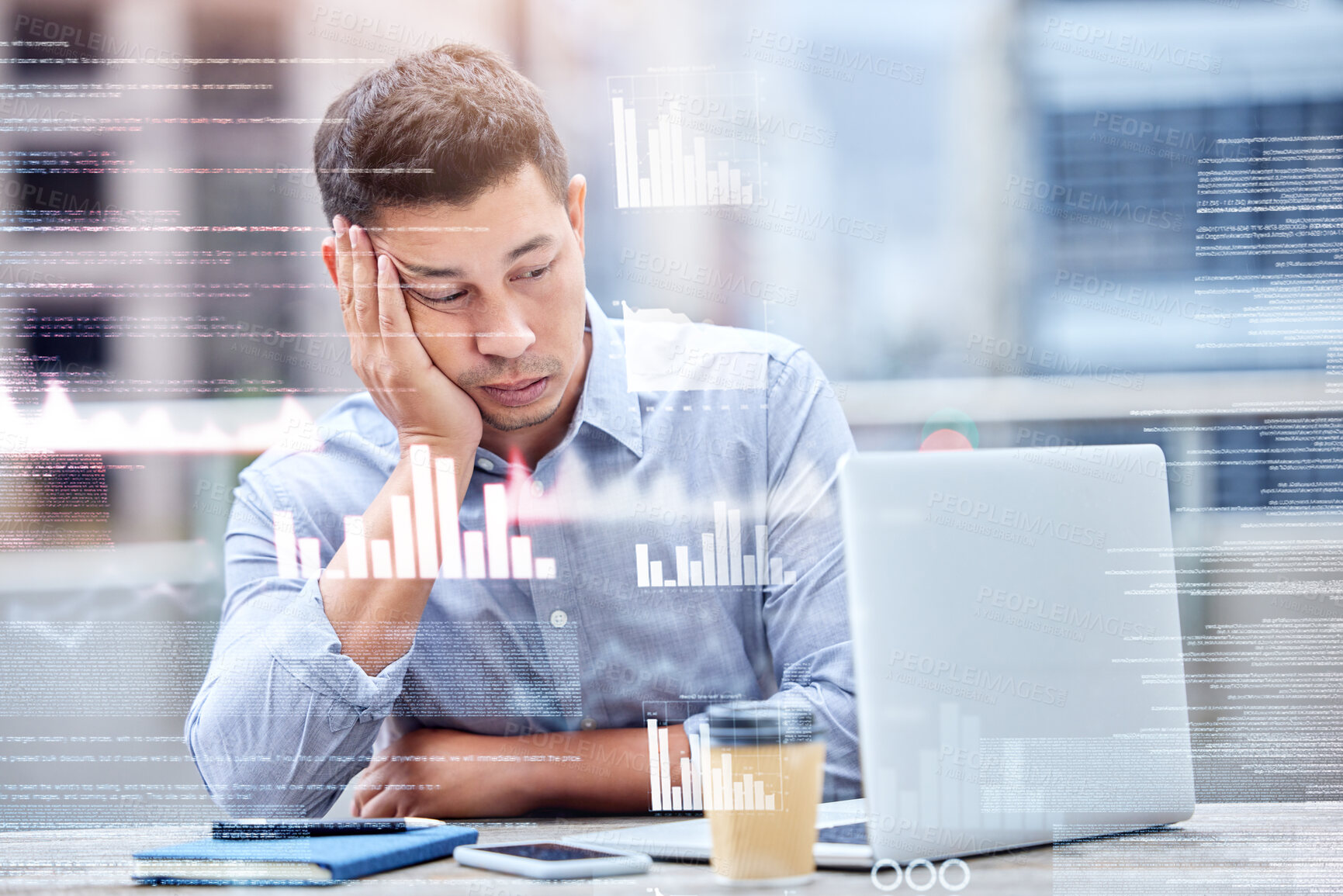 Buy stock photo Working, man and tired in office with laptop, data analytics and corporate employee or brain fog in digital information. Overworked, statistics and online for research deadline, burnout and overlay