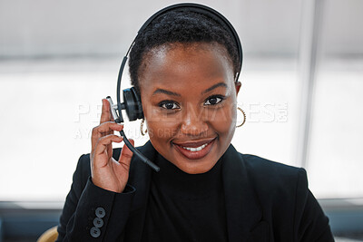 Buy stock photo Call center, portrait and black woman consultant in office for online consultation with headset. Technology, technical support and customer service or telemarketing advisor working for communication.