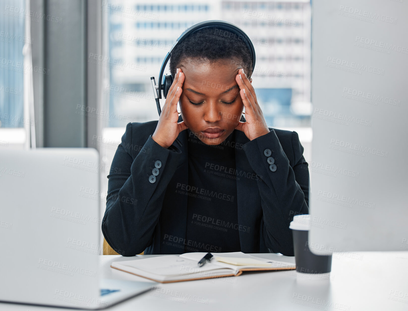 Buy stock photo Call center, stress and black woman consultant in office for online crm consultation with headset. Technology, technical support and female customer service or telemarketing advisor with headache.