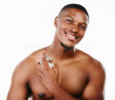 Buy stock photo Grooming, black man and perfume in portrait, routine and wellness in skincare, hygiene on white background. Male person, cosmetics and fresh with confidence for masculine, fragrance or cologne