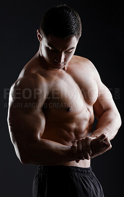 Buy stock photo Bodybuilder, flexing or muscle for fitness goals, workout or training motivation and healthcare wellness check. Man, sports athlete or model body on aesthetic backdrop on black studio background