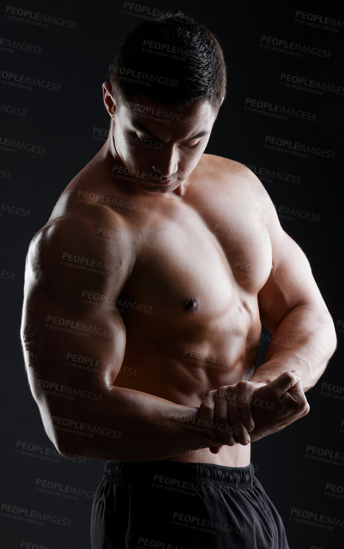 Buy stock photo Bodybuilder, flexing or muscle for fitness goals, workout or training motivation and healthcare wellness check. Man, sports athlete or model body on aesthetic backdrop on black studio background