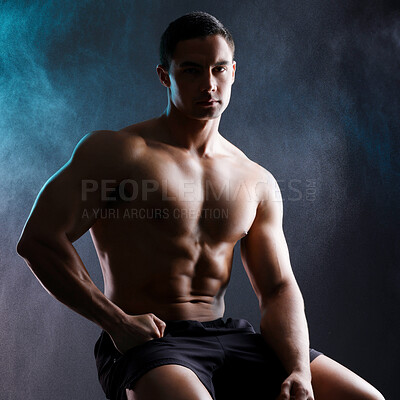 Buy stock photo Man, portrait and flex in studio for fitness wellness or body builder, strong and dark for power or strength. Person, six pack and abs with muscle, isolated and black background for aesthetic shadow.