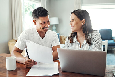 Buy stock photo Financial, laptop and couple with paperwork in dining room for bills, life insurance or loan approval. Happy, document and hispanic man with woman for planning budget, payment or investment in home