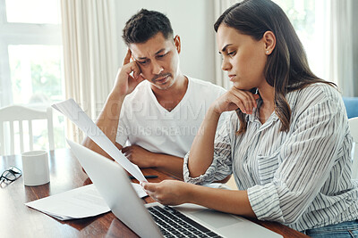 Buy stock photo Laptop, documents and confused couple in home for budget problem, mortgage debt and financial risk. Computer, man and woman with stress for tax paperwork, low credit score and inflation for expenses