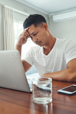 Buy stock photo Home, laptop and man stress, headache or worry for debt review, bankruptcy or reading email of financial fail. Confused freelancer with depression, sad or tired on computer for job search to pay rent