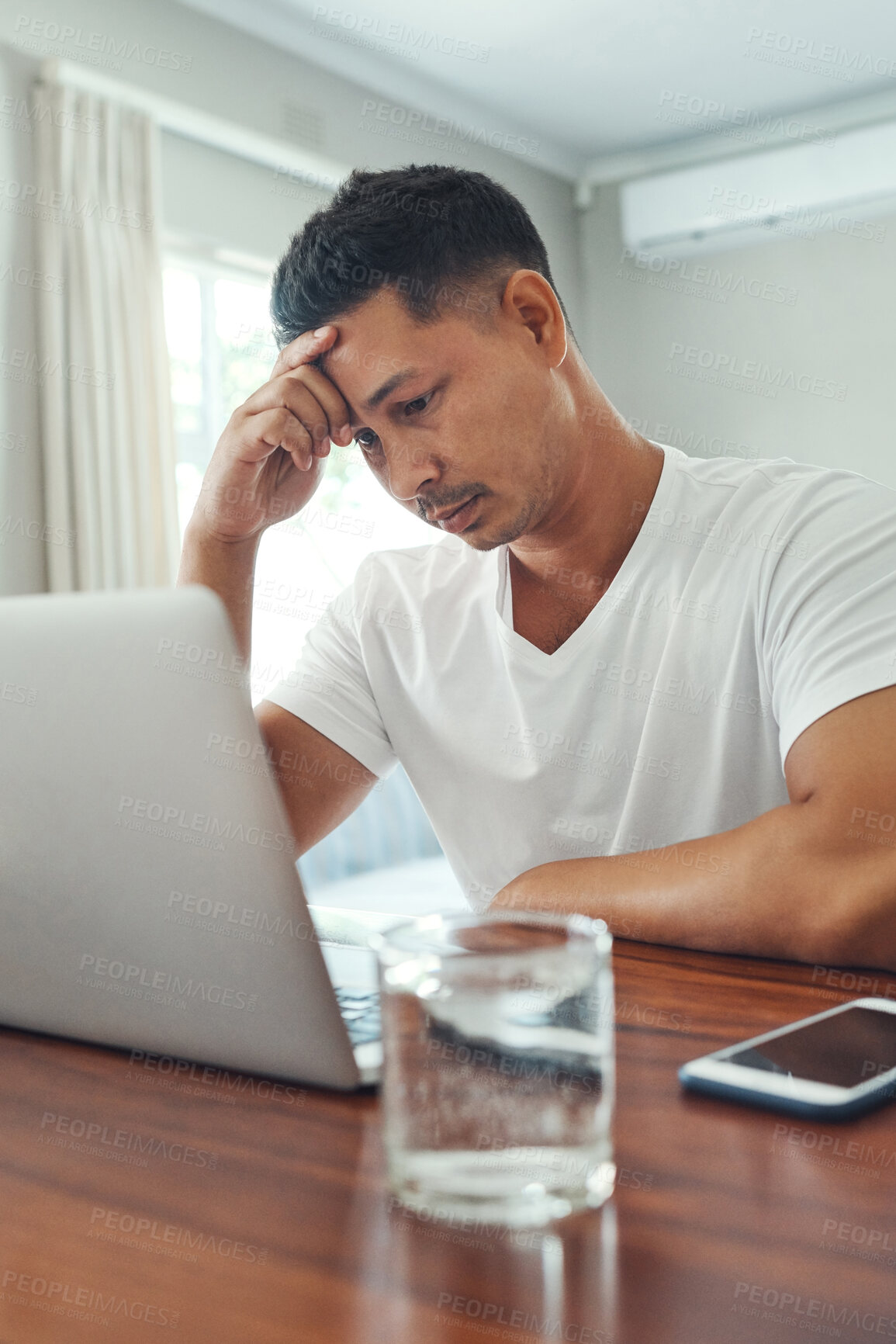 Buy stock photo Home, laptop and man stress, headache or worry for debt review, bankruptcy or reading email of financial fail. Confused freelancer with depression, sad or tired on computer for job search to pay rent