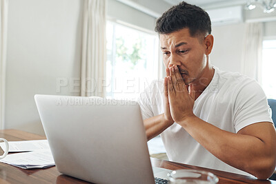 Buy stock photo Man, stress and laptop glitch in home for tax audit, anxiety and fail in job search or fear of debt. Male person, paperwork and mental health crisis for budget mistake, internet crash and burnout