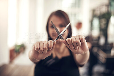 Buy stock photo Scissors, woman and hands in salon, hairdresser and small business for haircare, employee and apron. Startup, service and person with tools for working, entrepreneur and closeup for barber shop