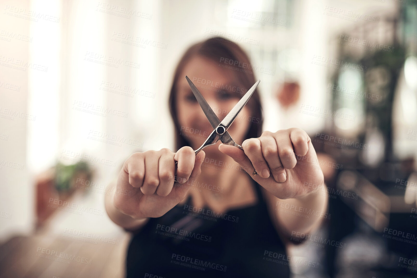 Buy stock photo Scissors, woman and hands in salon, hairdresser and small business for haircare, employee and apron. Startup, service and person with tools for working, entrepreneur and closeup for barber shop