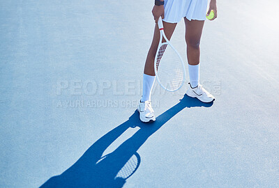 Buy stock photo Woman, legs and tennis racket for fitness in outdoor, confident athlete and sports on court. Female person, workout and player for game or match at club, exercise and ready for training practice