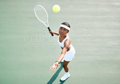 Buy stock photo Serving, tennis player or black woman in sports game for match, workout or exercise on outdoor court. Hobby, ball or above of girl athlete with racket ready for playing, fitness training or practice