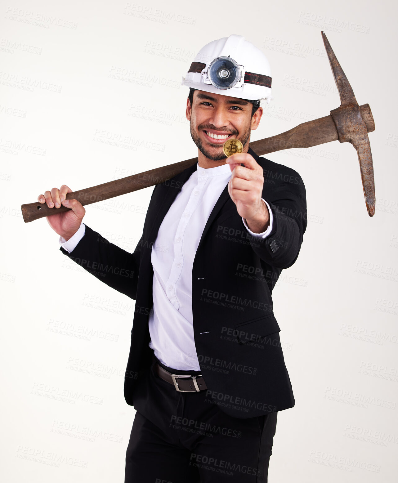 Buy stock photo Mining, pickaxe and portrait of businessman in studio for cryptocurrency, stock trading and investment. Finance, entrepreneur and isolated person with gear and coin for profit, money and wealth