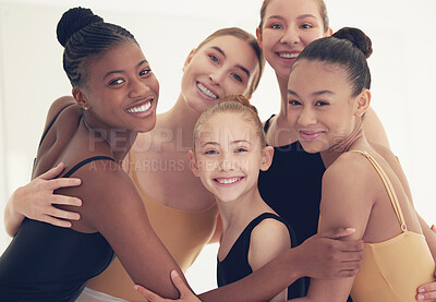 Buy stock photo Girl, group and happy for ballet in portrait, class and hug with diversity, connection or care at dance school. Teenager friends, solidarity and support at academy for talent, concert and performance