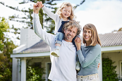 Buy stock photo Mom, dad and child in backyard portrait with smile, bonding and playful fun, peace and calm on summer weekend. Happy family, parents and girl together in home garden with embrace, love and support