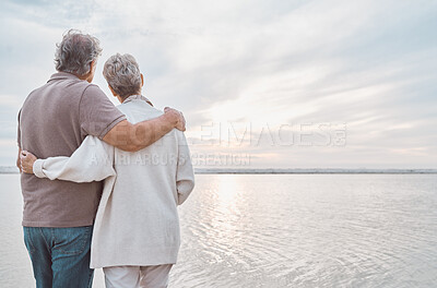 Buy stock photo View, back and senior couple by beach to relax on holiday, vacation and romantic adventure together. Marriage, travel and man and woman embrace for affection for bonding, relationship and commitment