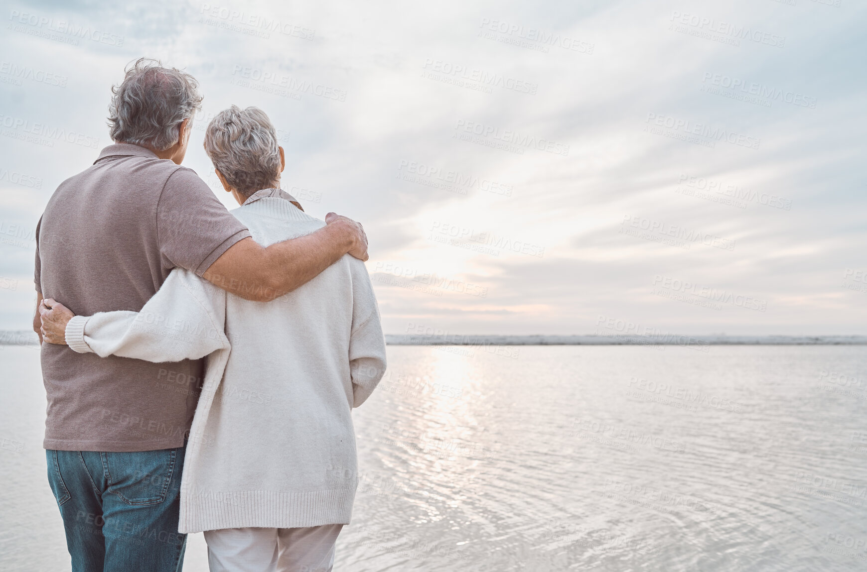 Buy stock photo View, back and senior couple by beach to relax on holiday, vacation and romantic adventure together. Marriage, travel and man and woman embrace for affection for bonding, relationship and commitment