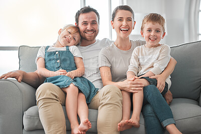 Buy stock photo Couch, parents and children in portrait for love, connection and bonding together in family home. House, mother and father with siblings for security, care and embrace relationship with smile in sofa