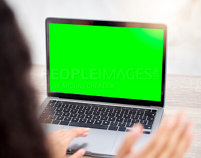 Buy stock photo Hands, laptop and green screen in home office for typing, mockup space or communication on internet. Person, computer and chromakey display for user experience, freelance or creativity for web design