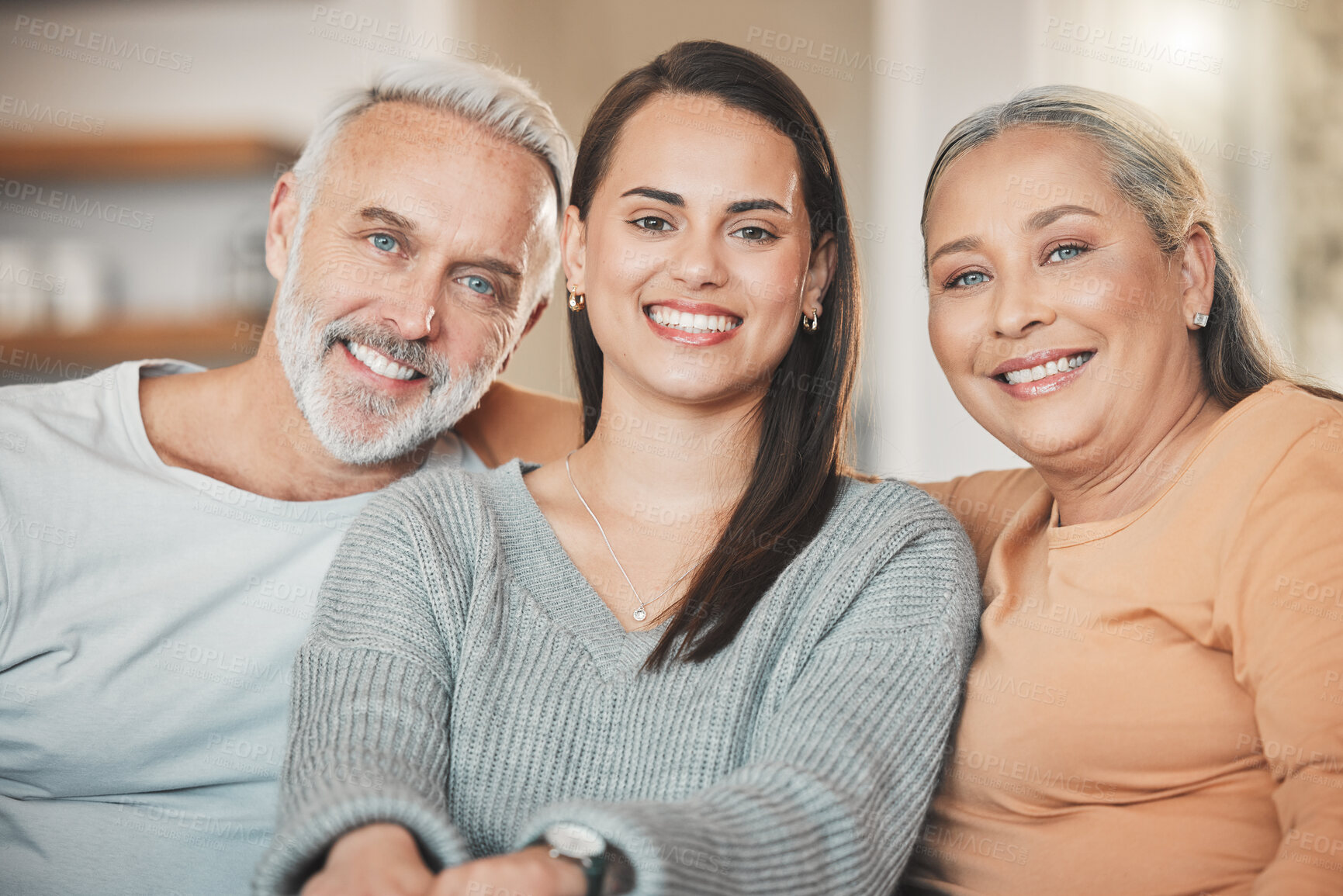 Buy stock photo Elderly parents, woman and home portrait, weekend visit and relax together for bonding. Retirement, embrace daughter and love family in Argentina, happiness and care for relationship security on sofa