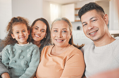 Buy stock photo Big family, grandmother and child in portrait with selfie, love and care for bonding together in home. Mature woman, daughter and man in living room for happiness, connection or affection in Turkey