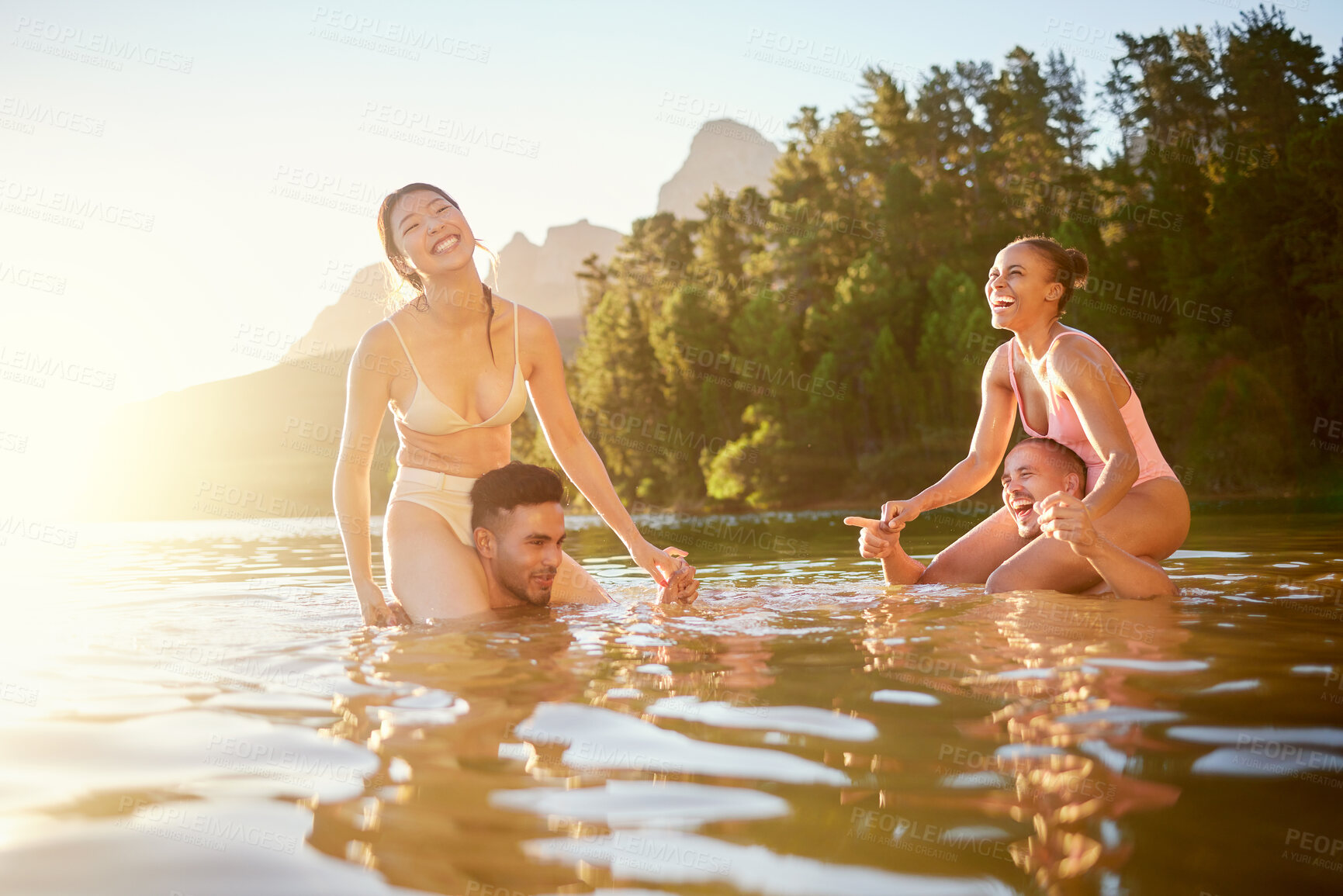 Buy stock photo Lake, happy or friends in nature swimming with freedom, men or women in summer on camping break. Smile, funny joke or excited people outdoors in river water or dam for holiday travel or vacation trip