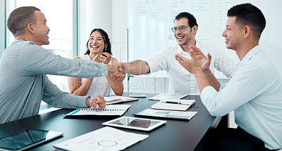 Buy stock photo Handshake, teamwork and business meeting in conference room for presentation, brainstorming and planning. Collaboration, workshop and people in workplace for training and development for startup  